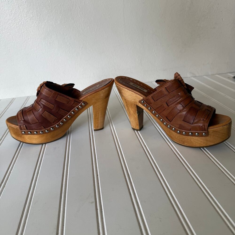 Miu Miu brown woven leather mules prominent bow size 8 - Picture 8 of 16